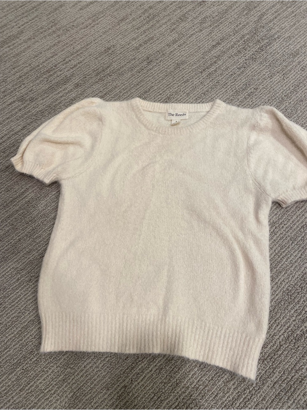 Cream Short-Sleeve Crewneck Sweater with puff sleeves